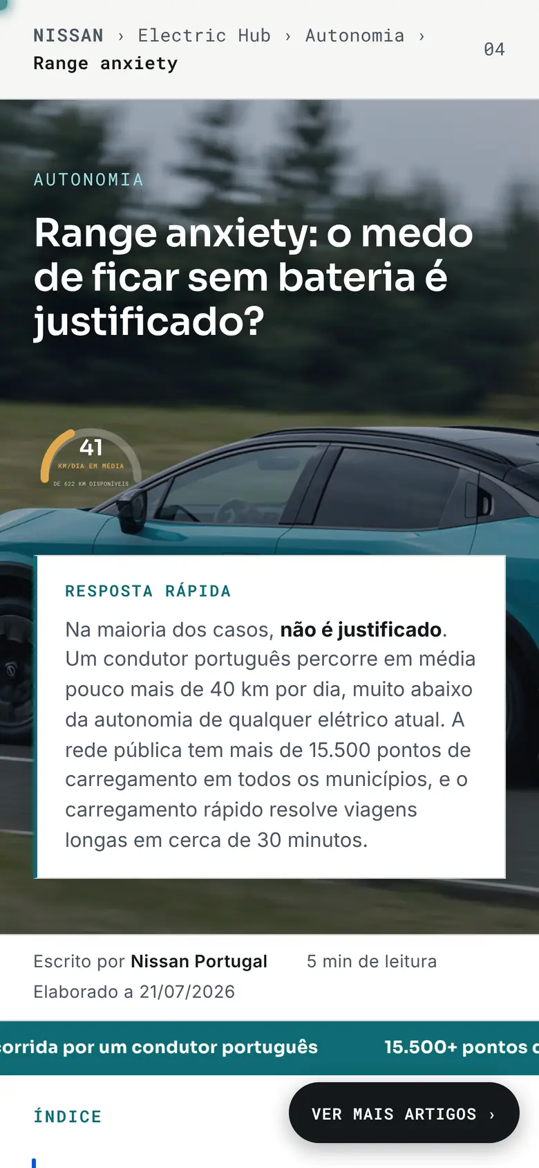 Artigo sobre range anxiety num telemóvel, com caixa de resposta rápida