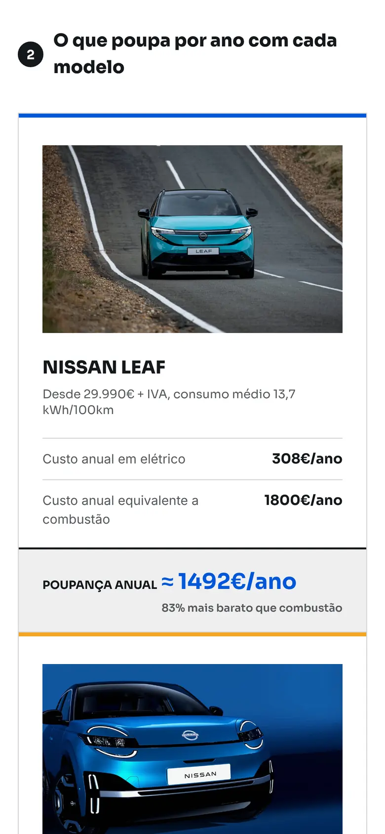 Calculadora de poupança num telemóvel, com a poupança anual estimada do Nissan LEAF