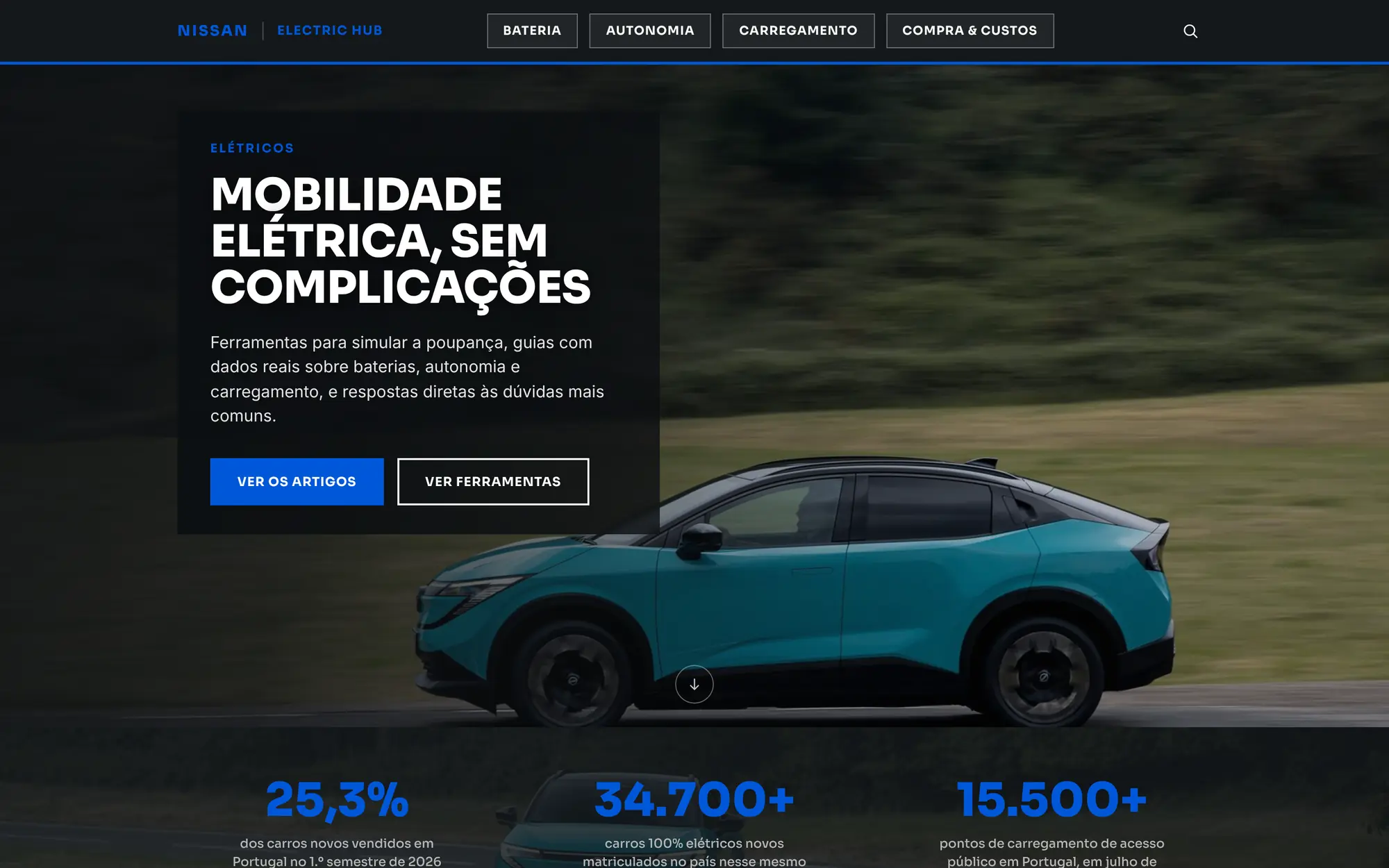Página inicial do Electric Hub num portátil: título Mobilidade elétrica, sem complicações, com botões para artigos e ferramentas
